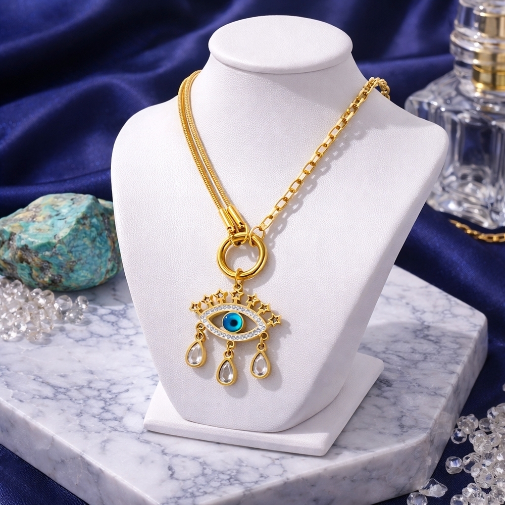 18k Gold Plated Stainless Steel Evil Eye Necklace Blue CZ Pendant Protection